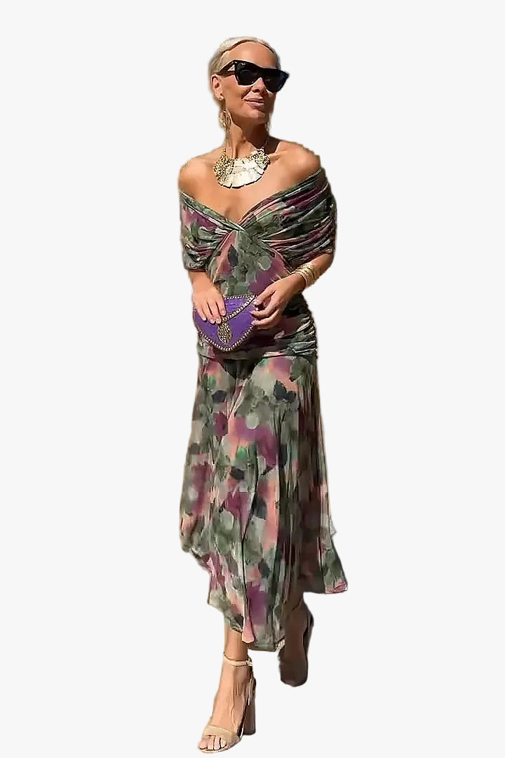 Women's Woven Maxi Dress with V Neck and Draped Sleeves