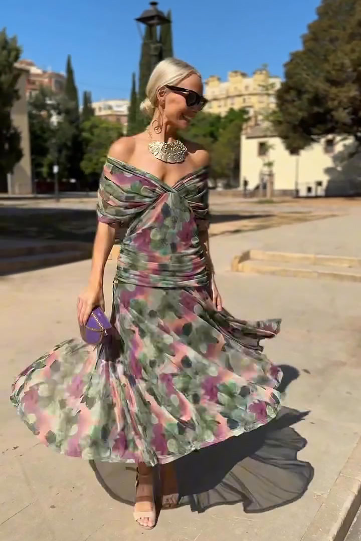 Women's Woven Maxi Dress with V Neck and Draped Sleeves