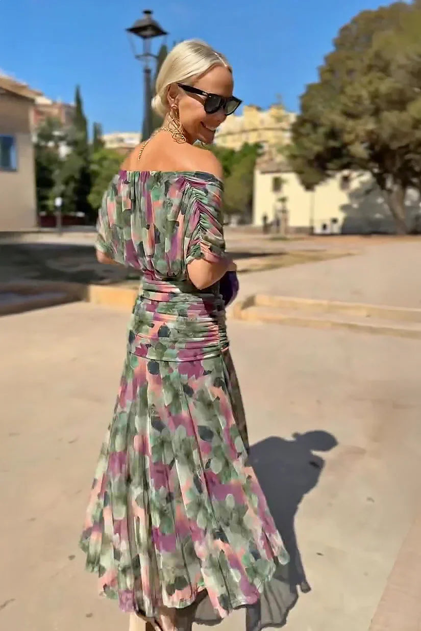 Women's Woven Maxi Dress with V Neck and Draped Sleeves