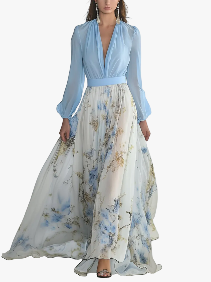 Women's Woven Maxi Dress with V Neck and Gathered Cuffs