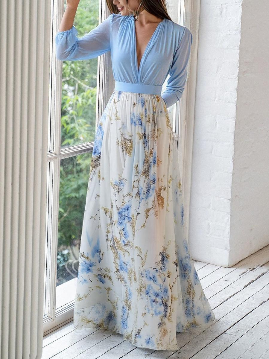 Women's Woven Maxi Dress with V Neck and Gathered Cuffs