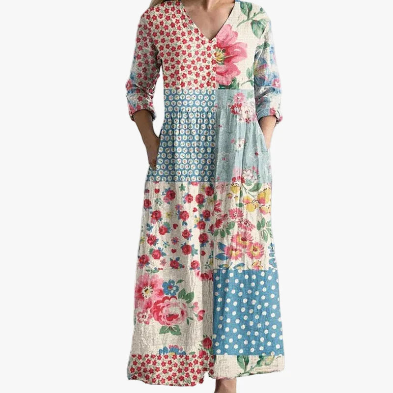 Women's Woven Maxi Dress with V Neck and Patchwork Print