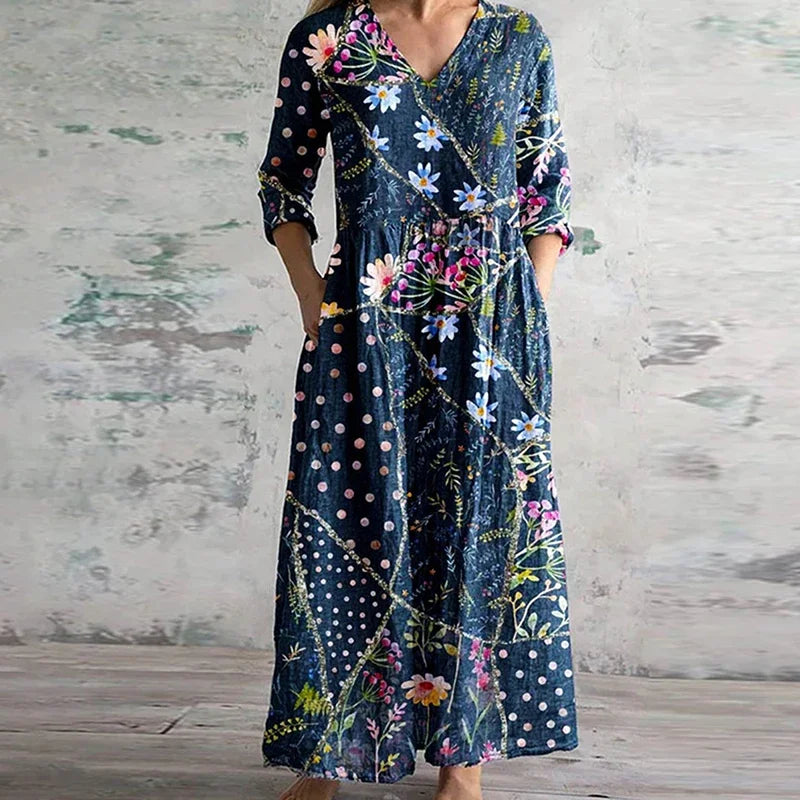 Women's Woven Maxi Dress with V Neck and Patchwork Print
