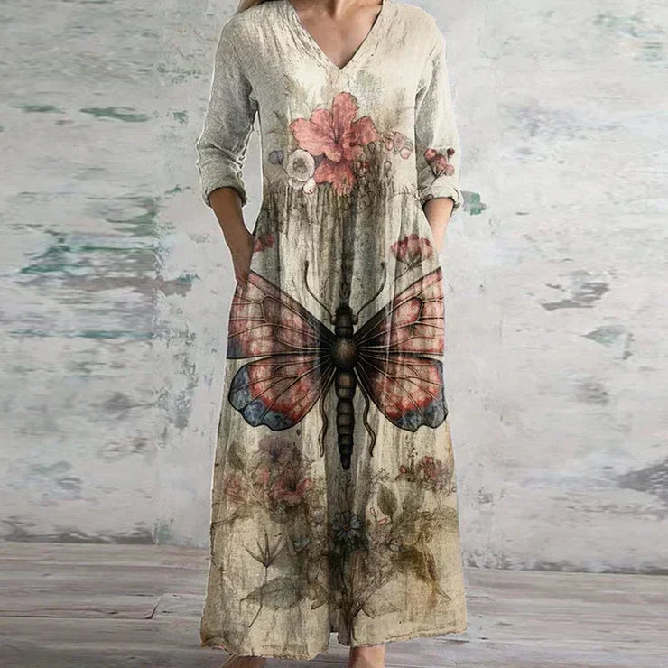 Women's Woven Maxi Dress with V Neck and Patchwork Print