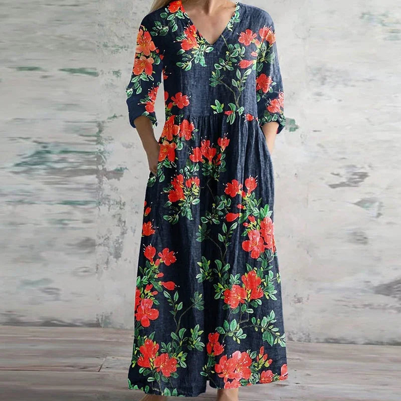 Women's Woven Maxi Dress with V Neck and Patchwork Print