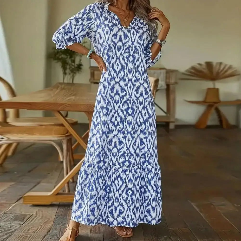 Women's Woven Maxi Dress with V Neck and Tie Waist