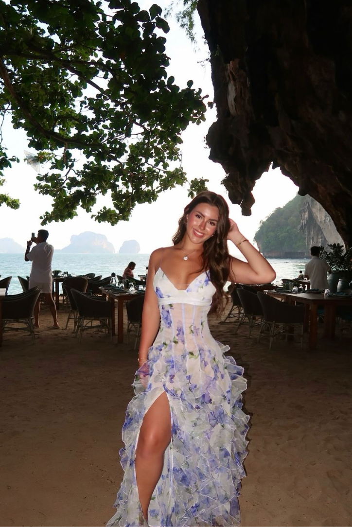 Women's Woven Maxi Dress with V-Neck and Tiered Ruffle Skirt