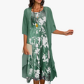Women's Woven Midi Dress Set with Open-Front Overlay and Floral Print