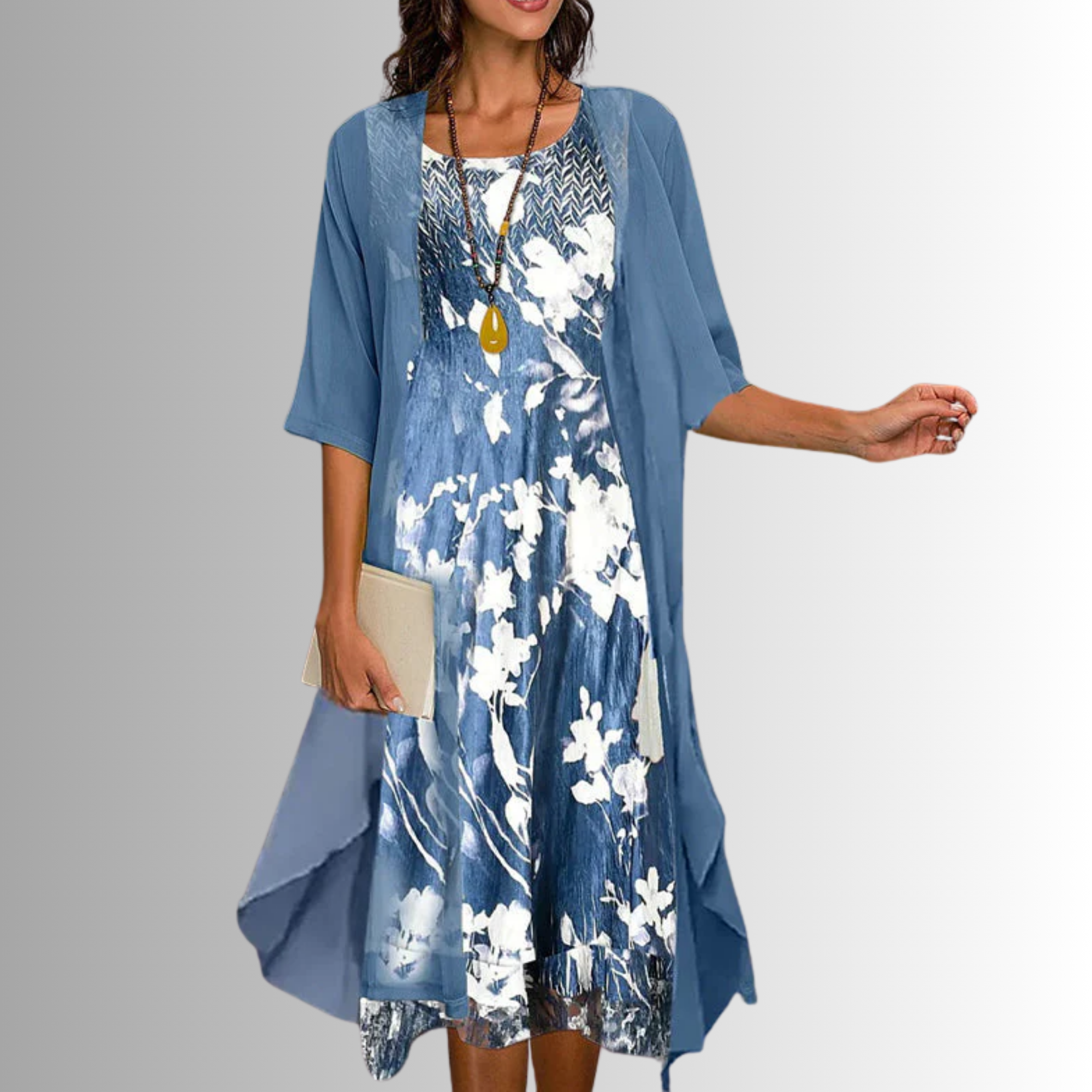 Women's Woven Midi Dress Set with Open-Front Overlay and Floral Print