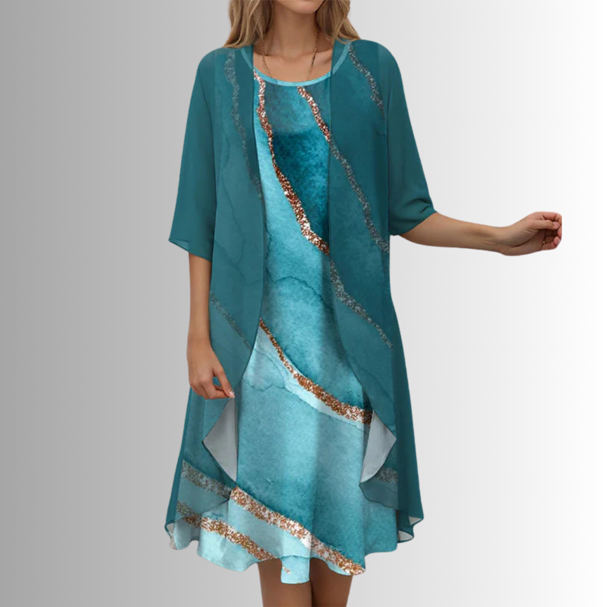 Women's Woven Midi Dress Set with Open-Front Overlay and Floral Print