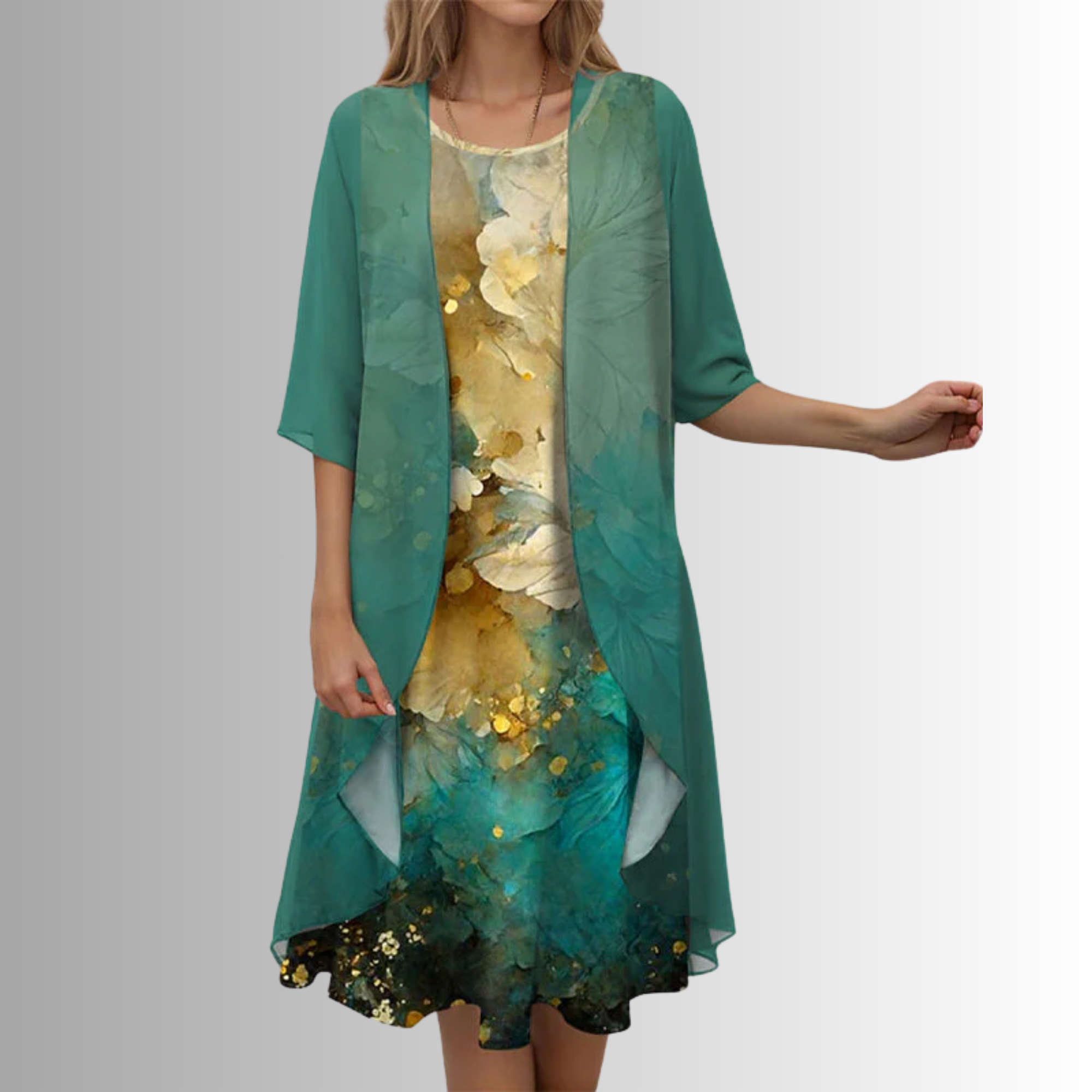 Women's Woven Midi Dress Set with Open-Front Overlay and Floral Print