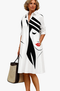 Women's Woven Midi Dress with Button Front and Point Collar