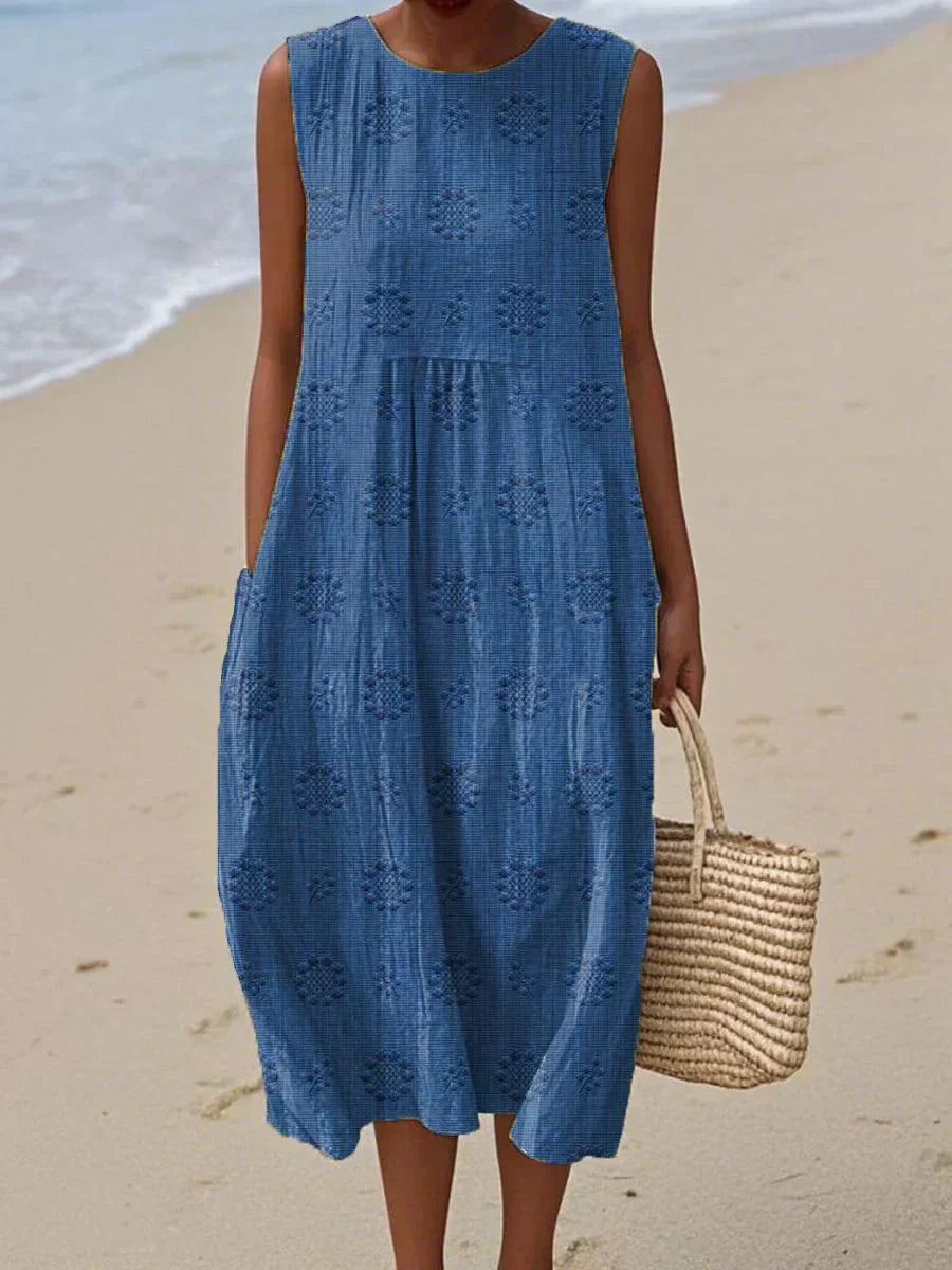 Women's Woven Midi Dress with Embroidered Pattern and Pockets