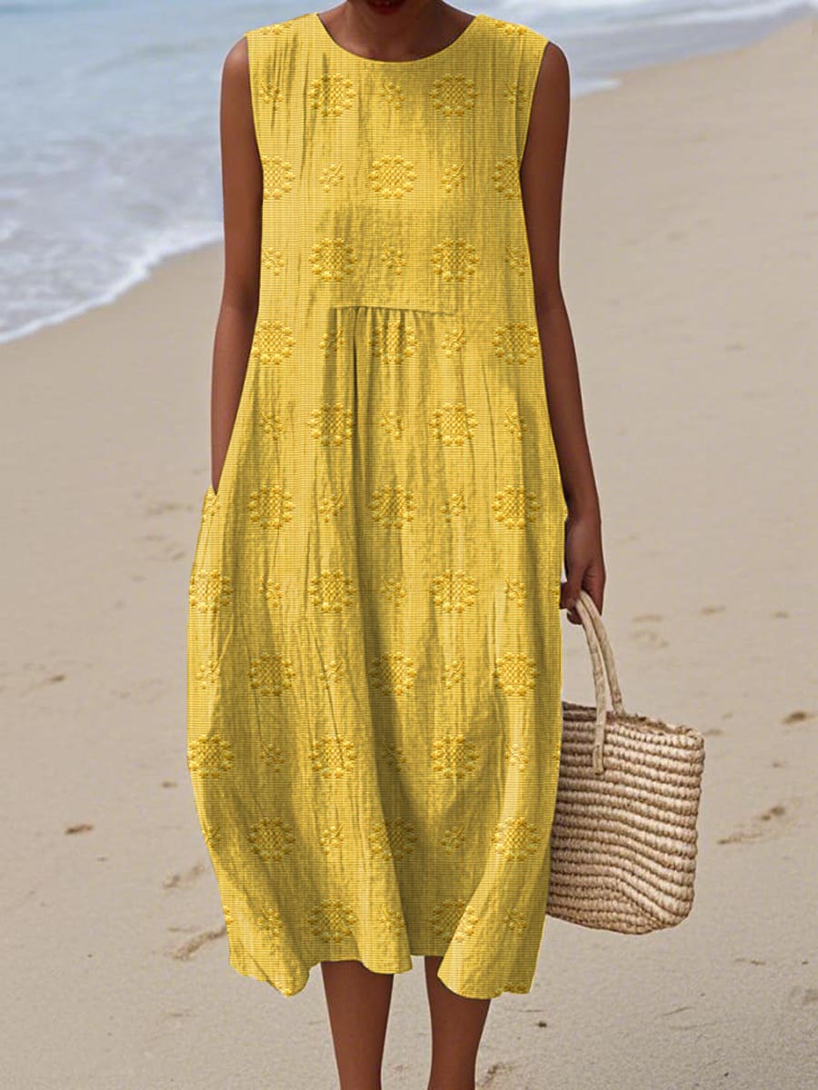 Women's Woven Midi Dress with Embroidered Pattern and Pockets