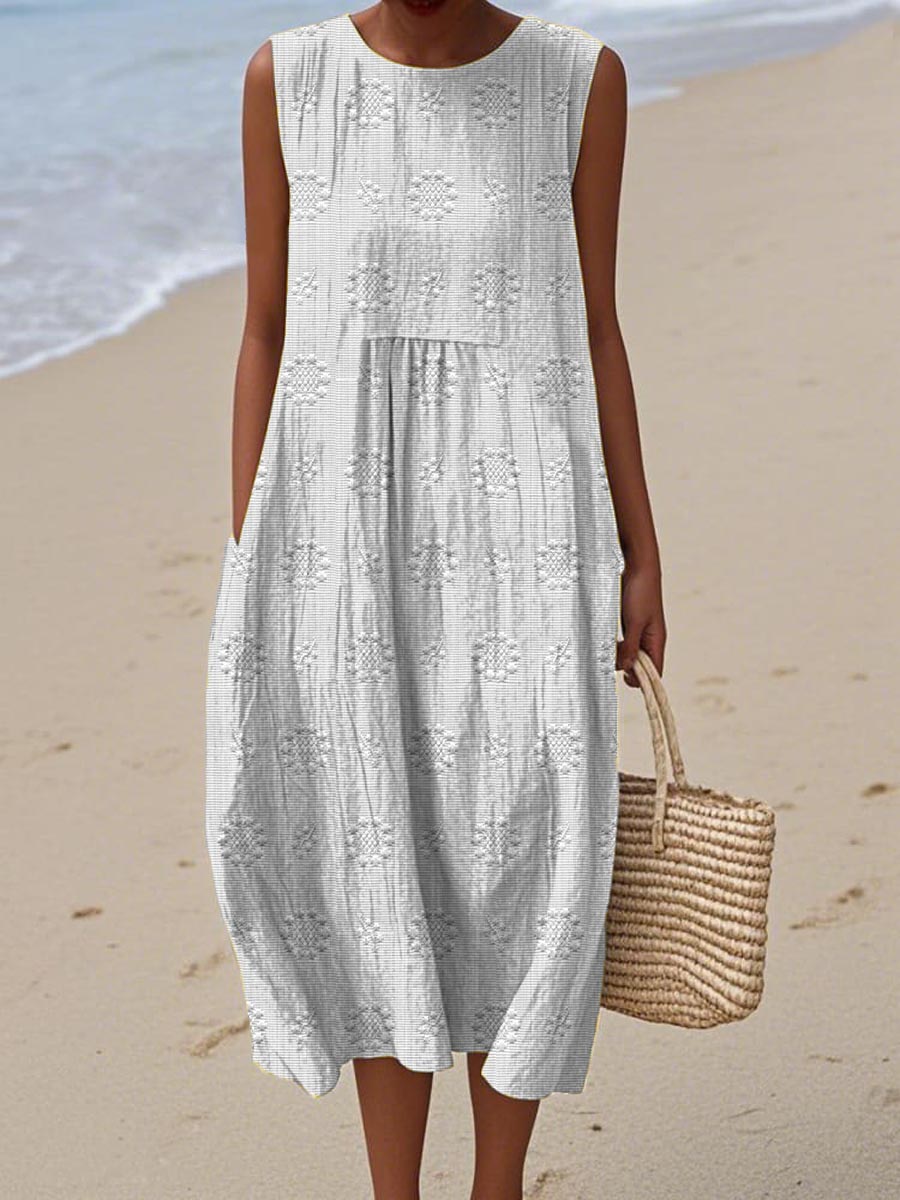 Women's Woven Midi Dress with Embroidered Pattern and Pockets