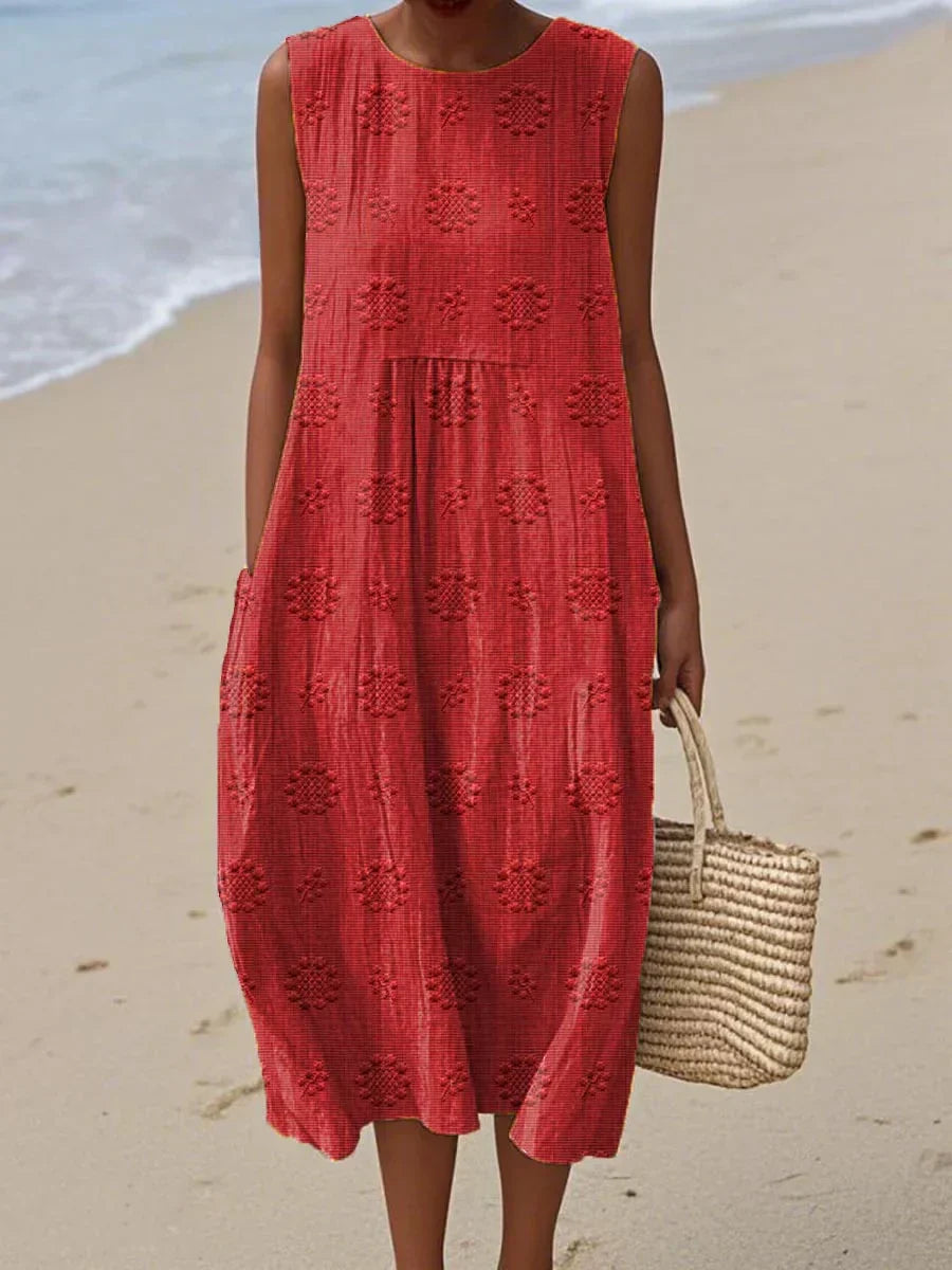 Women's Woven Midi Dress with Embroidered Pattern and Pockets