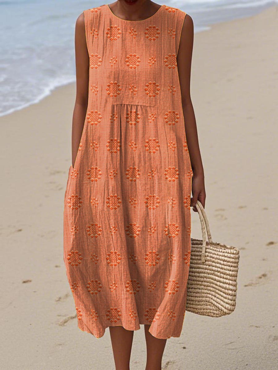 Women's Woven Midi Dress with Embroidered Pattern and Pockets