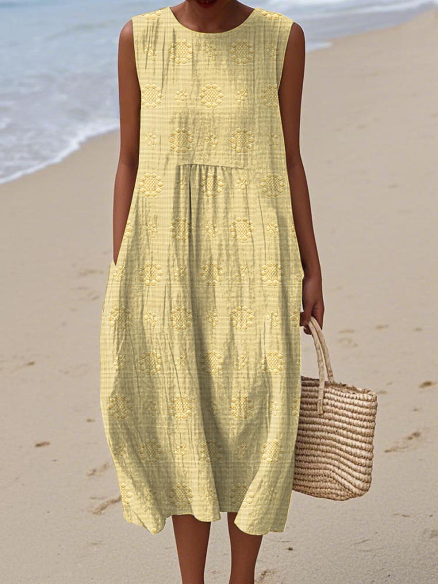 Women's Woven Midi Dress with Embroidered Pattern and Pockets