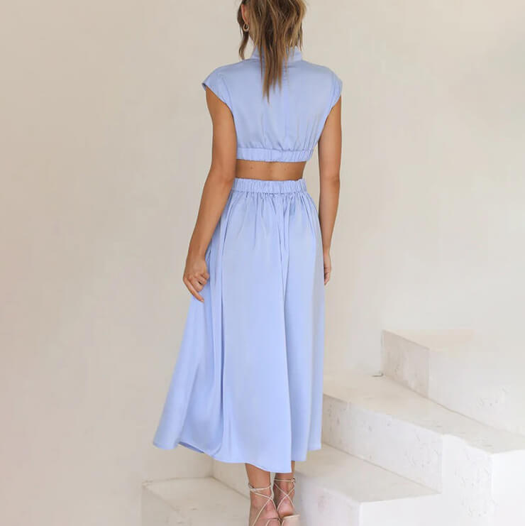 Women's Woven Midi Dress with High Neck and Side
