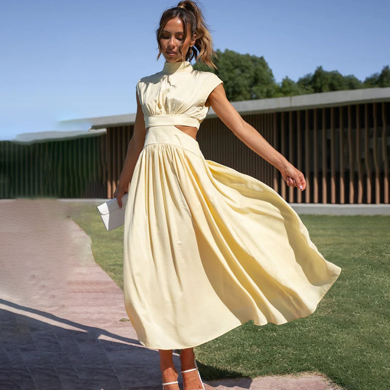 Women's Woven Midi Dress with High Neck and Side