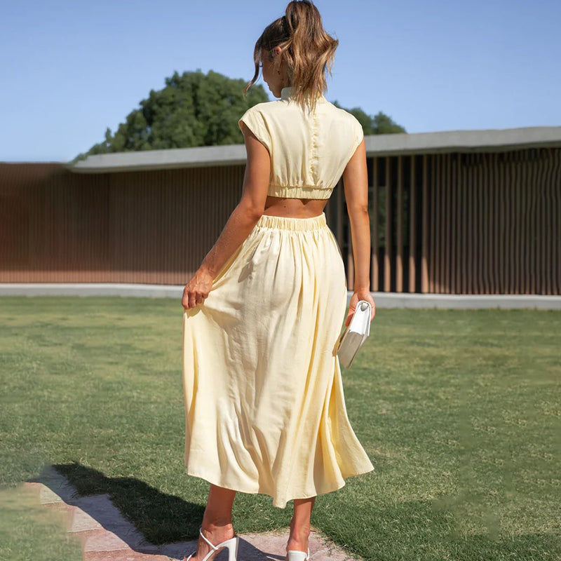 Women's Woven Midi Dress with High Neck and Side