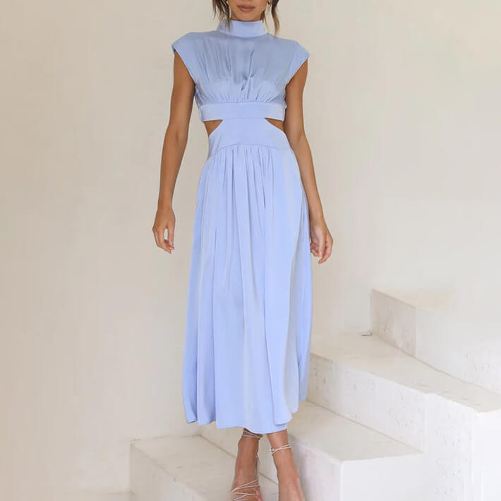 Women's Woven Midi Dress with High Neck and Side