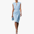 Women's Woven Midi Dress with Keyhole Neckline and Side Pleats