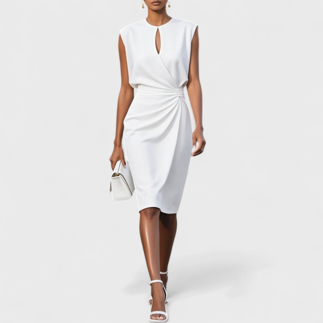 Women's Woven Midi Dress with Keyhole Neckline and Side Pleats