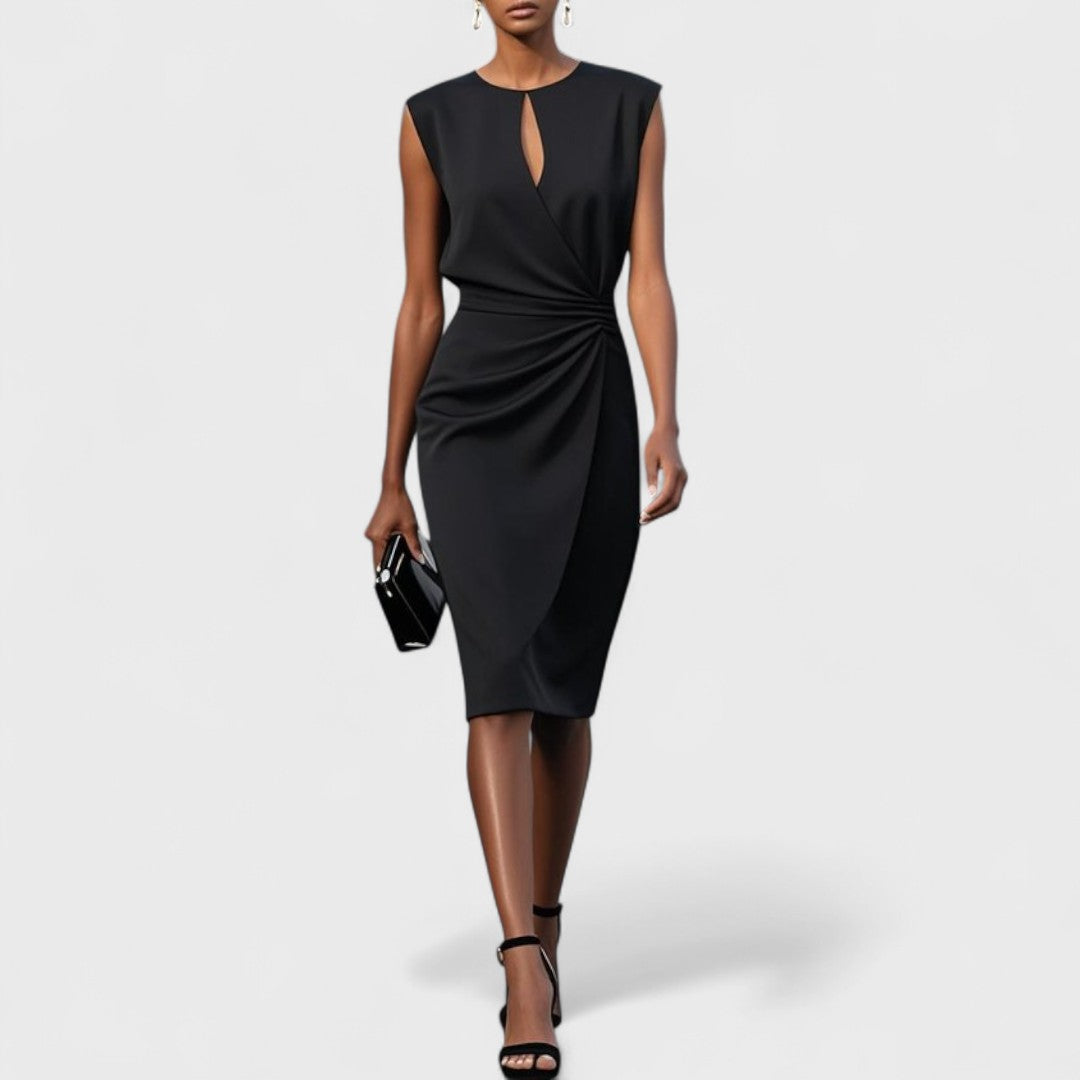 Women's Woven Midi Dress with Keyhole Neckline and Side Pleats
