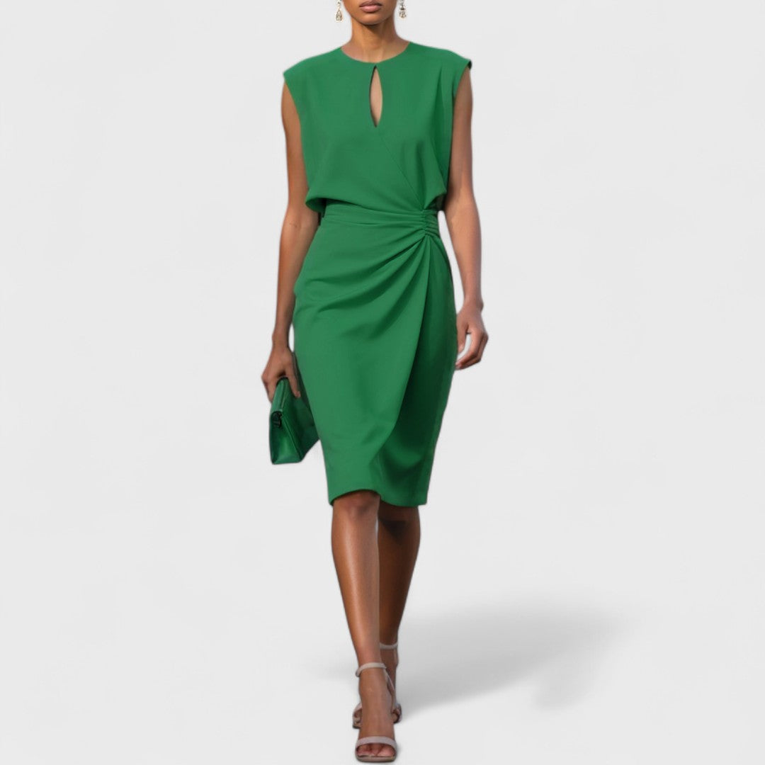 Women's Woven Midi Dress with Keyhole Neckline and Side Pleats