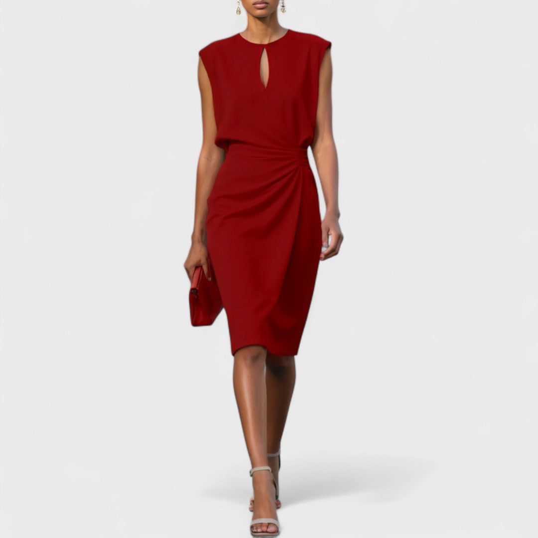 Women's Woven Midi Dress with Keyhole Neckline and Side Pleats