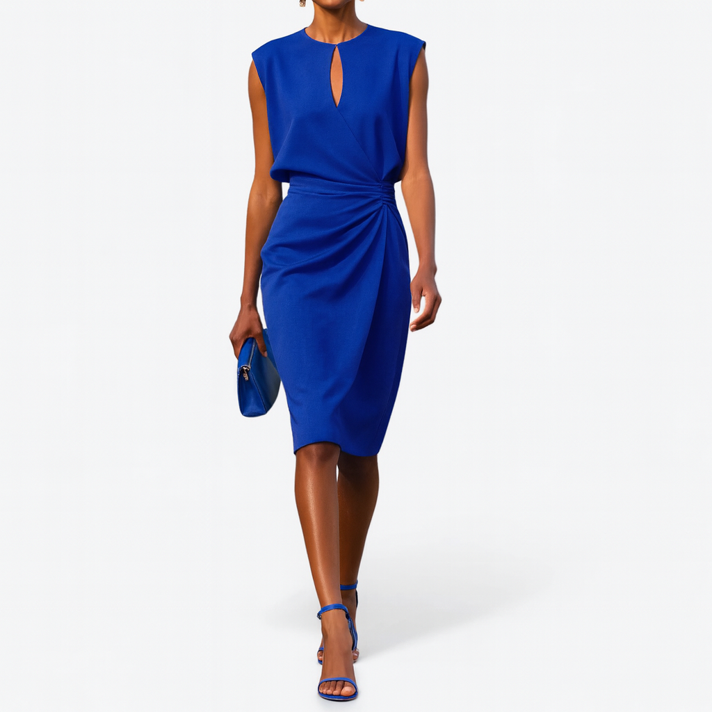 Women's Woven Midi Dress with Keyhole Neckline and Side Pleats