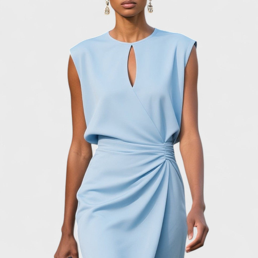 Women's Woven Midi Dress with Keyhole Neckline and Side Pleats