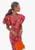 Women's Woven Midi Dress with Puff Sleeves and V-Neck