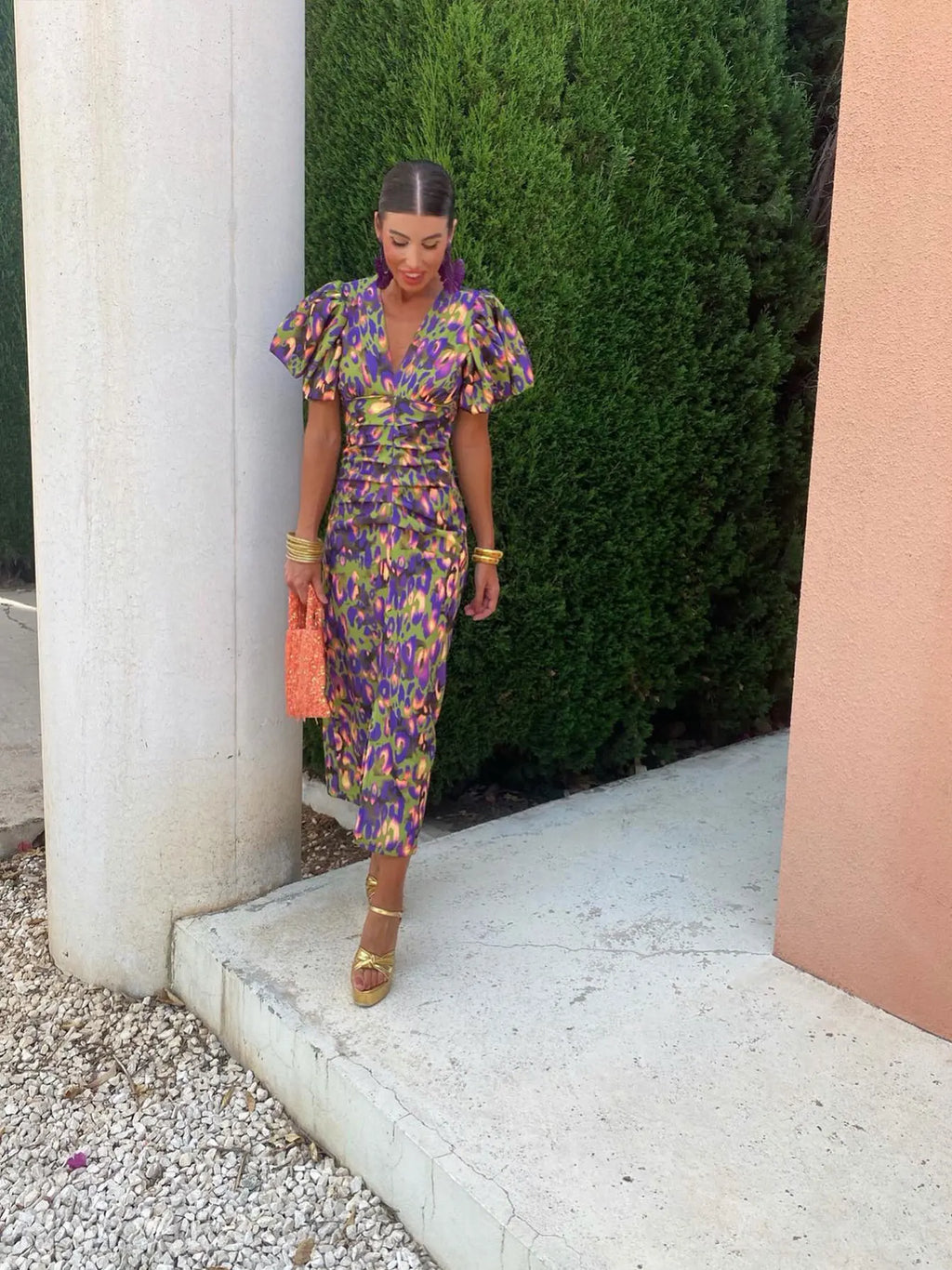 Women's Woven Midi Dress with Puff Sleeves and V-Neck
