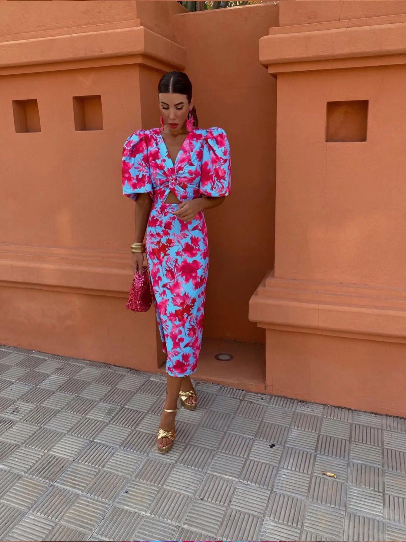Women's Woven Midi Dress with Puff Sleeves and V-Neck