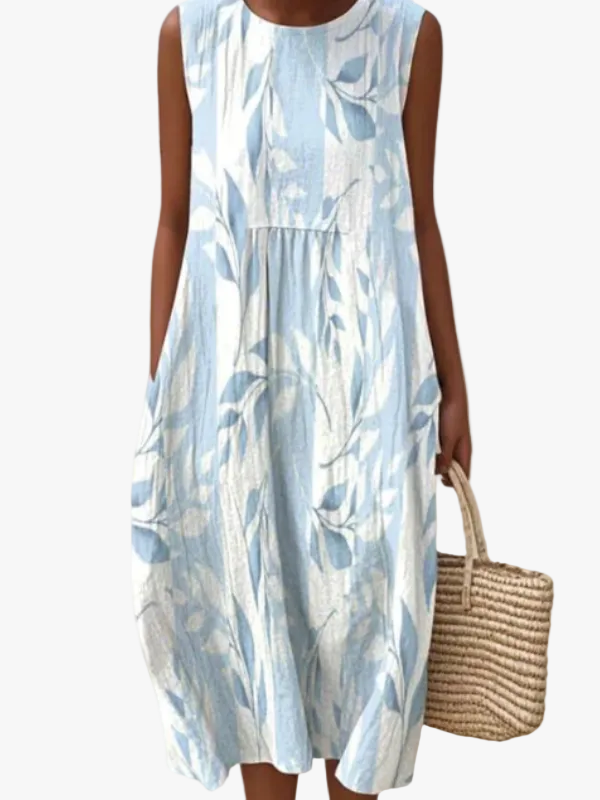 Women's Woven Midi Dress with Sleeveless Round Neck and Gathered Seam
