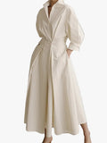 Women's Woven Midi Dress with Tie Waist and Collared V Neck