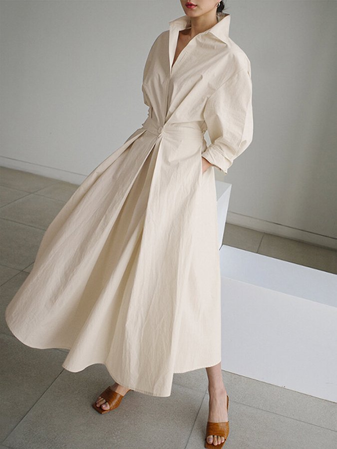 Women's Woven Midi Dress with Tie Waist and Collared V Neck