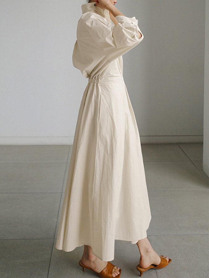 Women's Woven Midi Dress with Tie Waist and Collared V Neck