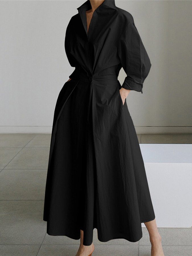 Women's Woven Midi Dress with Tie Waist and Collared V Neck