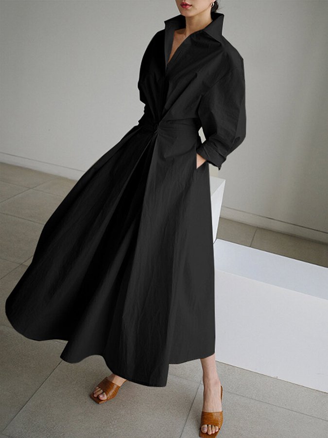 Women's Woven Midi Dress with Tie Waist and Collared V Neck