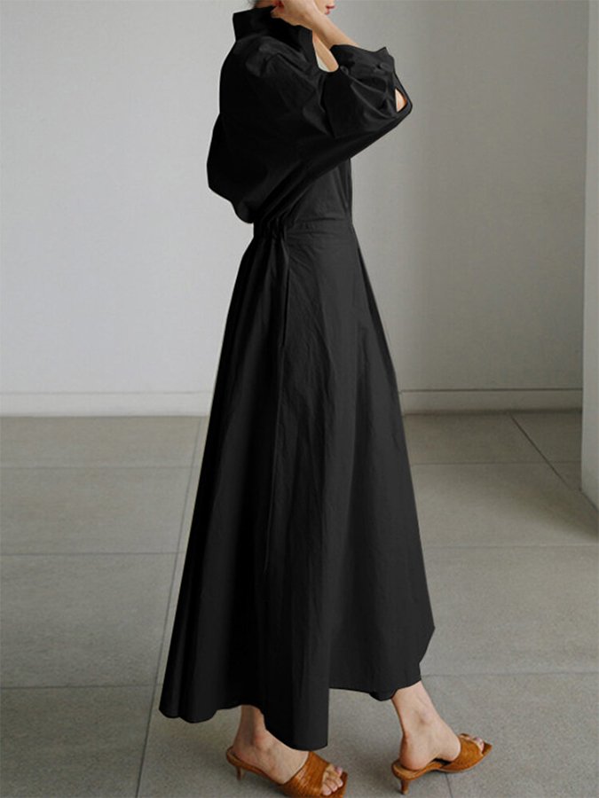Women's Woven Midi Dress with Tie Waist and Collared V Neck