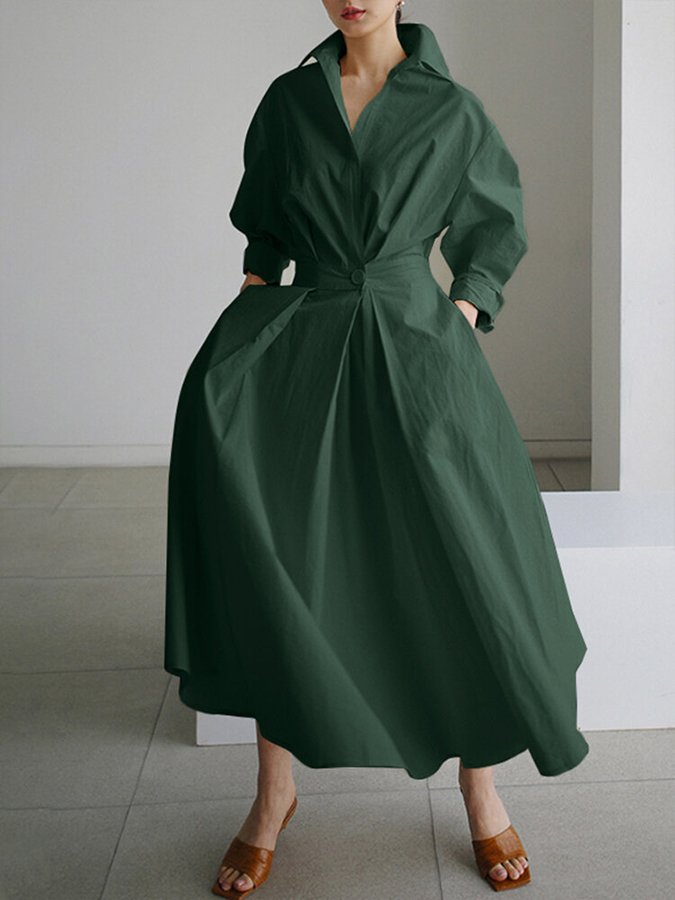Women's Woven Midi Dress with Tie Waist and Collared V Neck