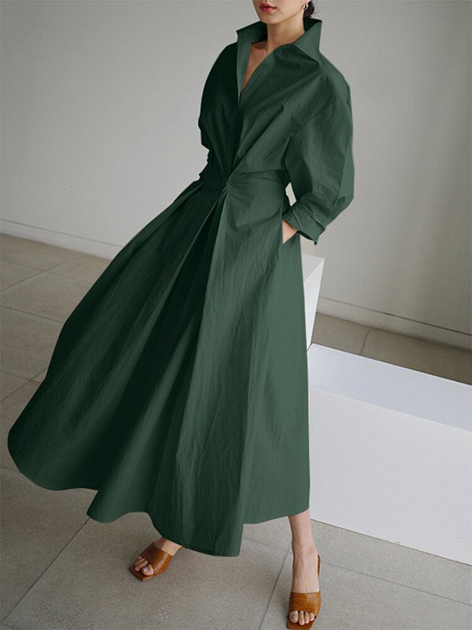 Women's Woven Midi Dress with Tie Waist and Collared V Neck
