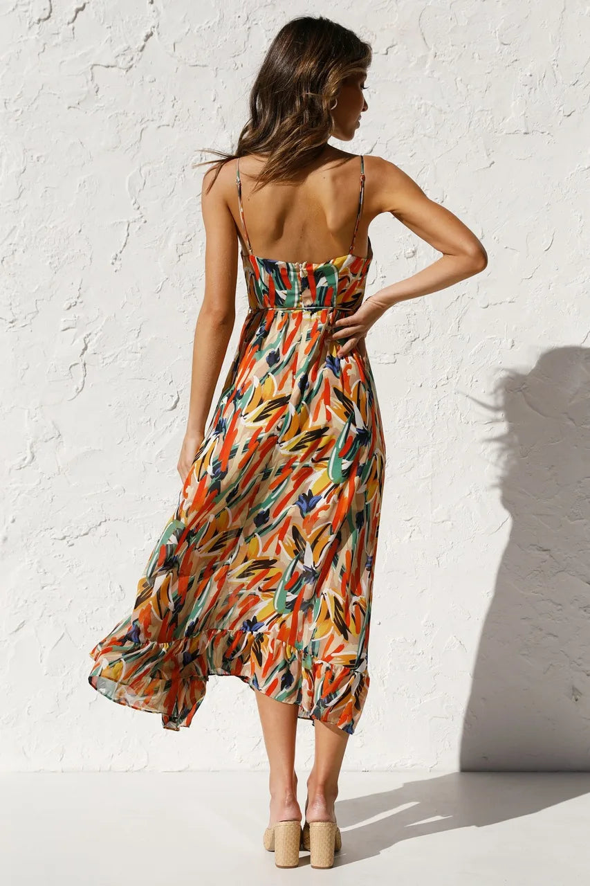 Women's Woven Midi Dress with Tie Waist and Ruffle Hem