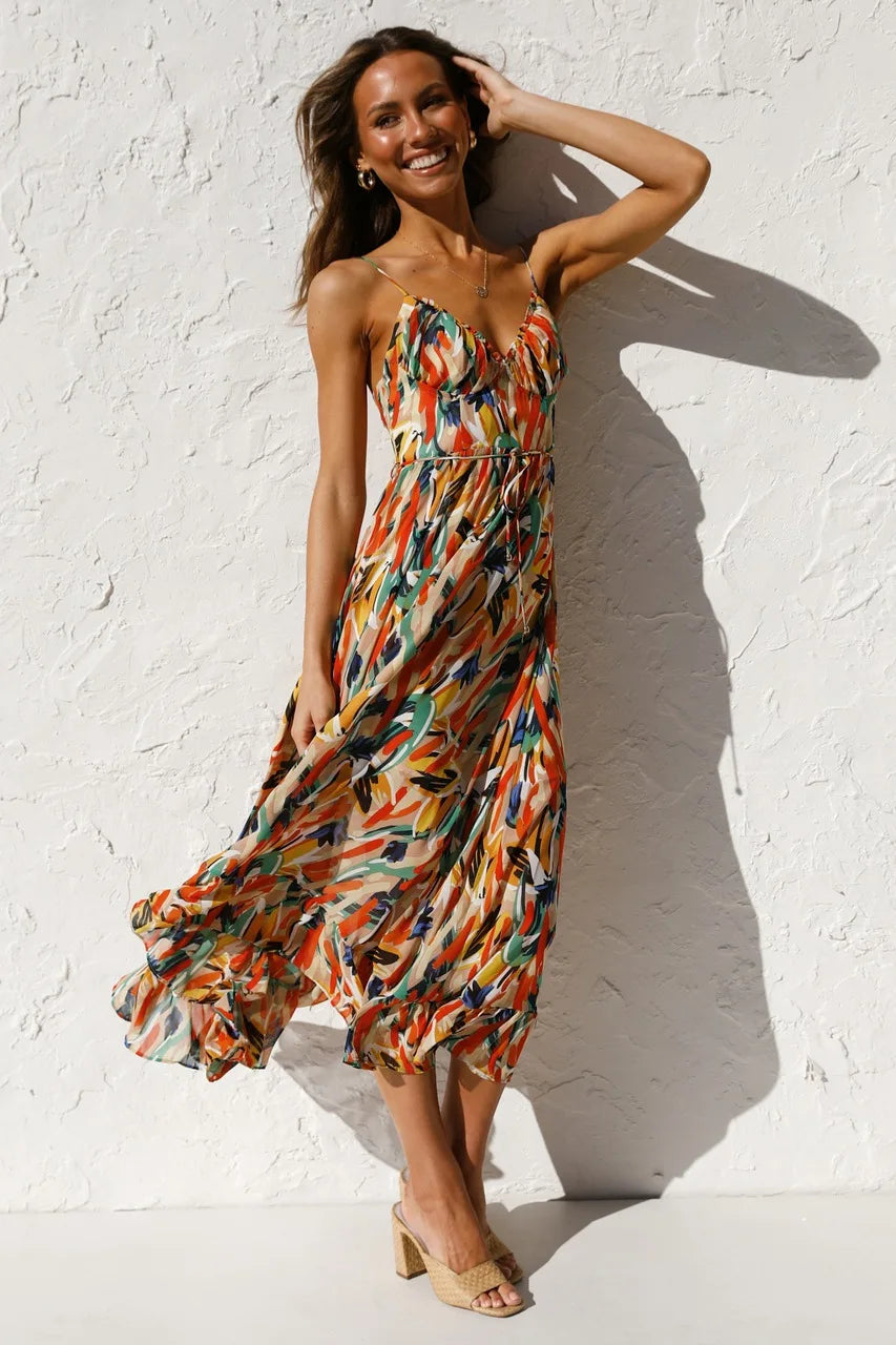 Women's Woven Midi Dress with Tie Waist and Ruffle Hem