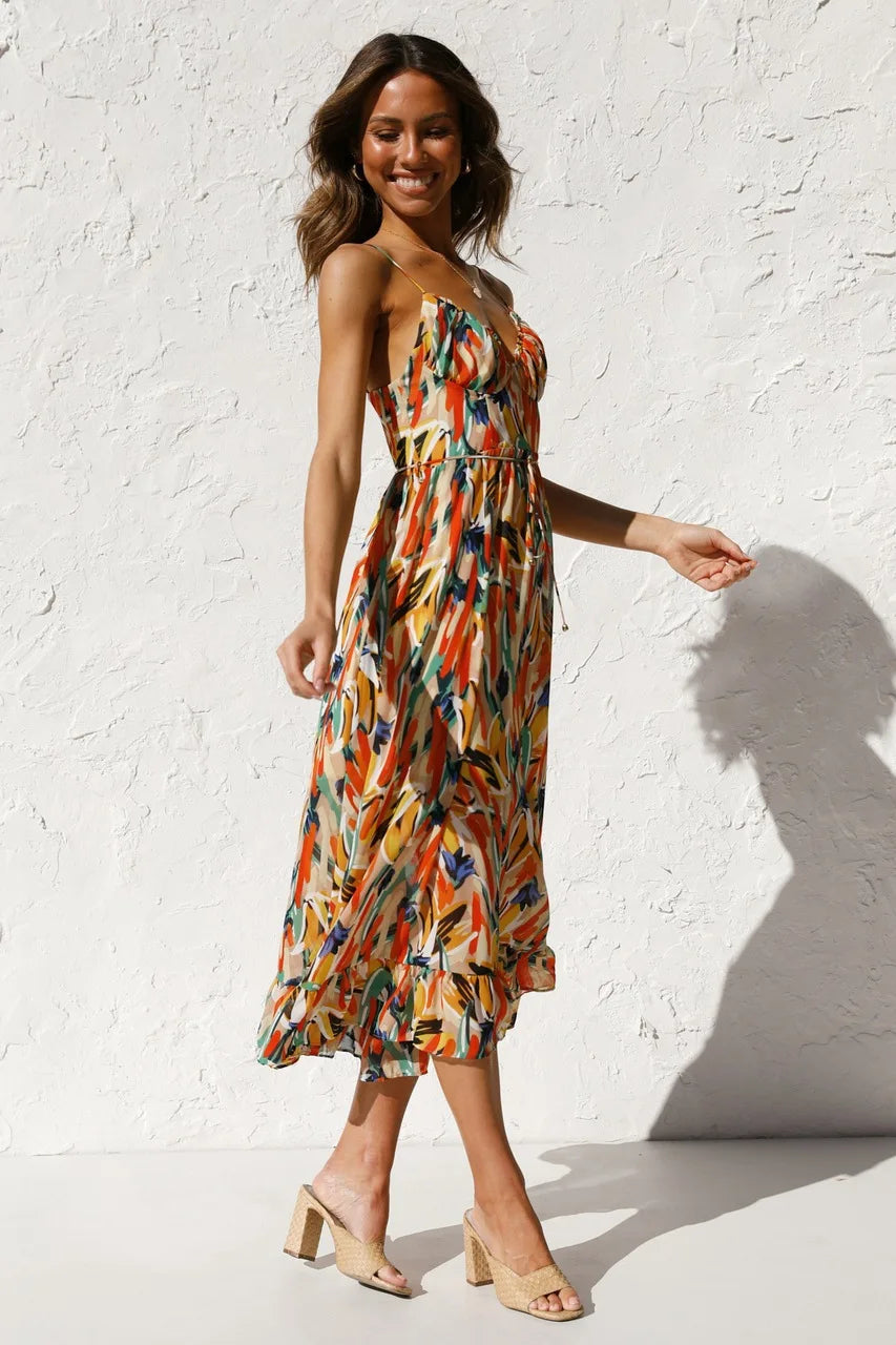 Women's Woven Midi Dress with Tie Waist and Ruffle Hem