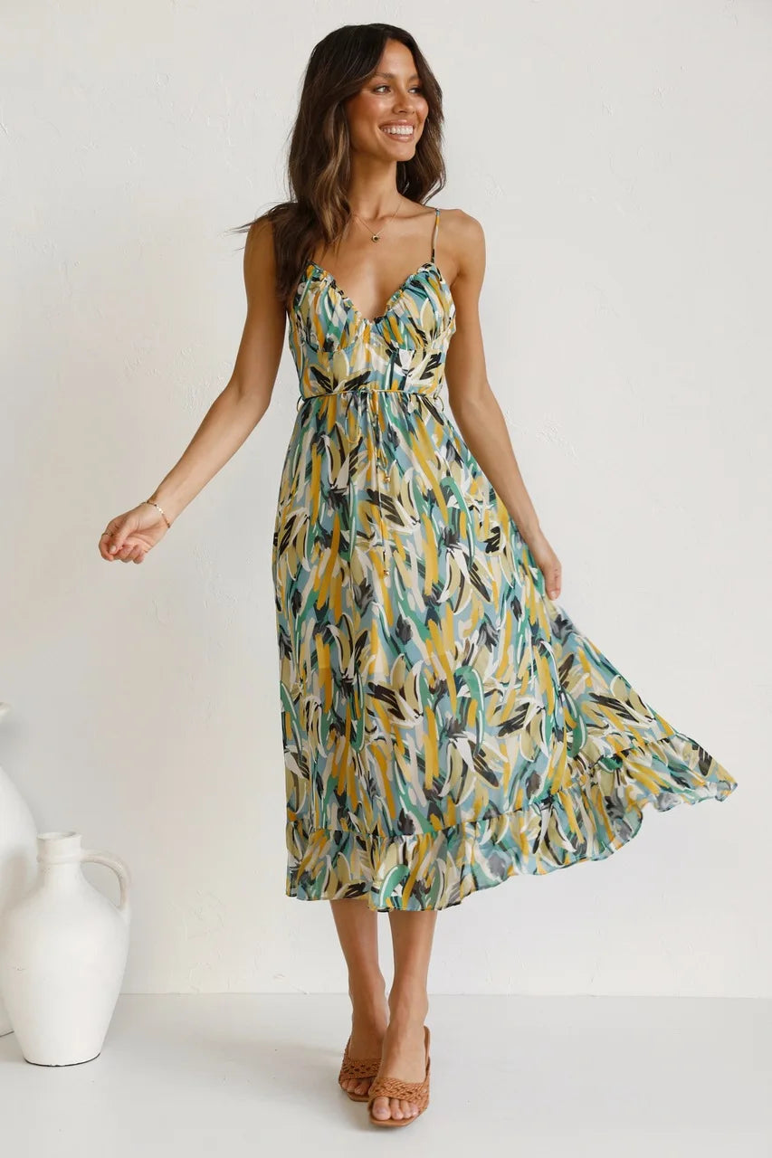 Women's Woven Midi Dress with Tie Waist and Ruffle Hem