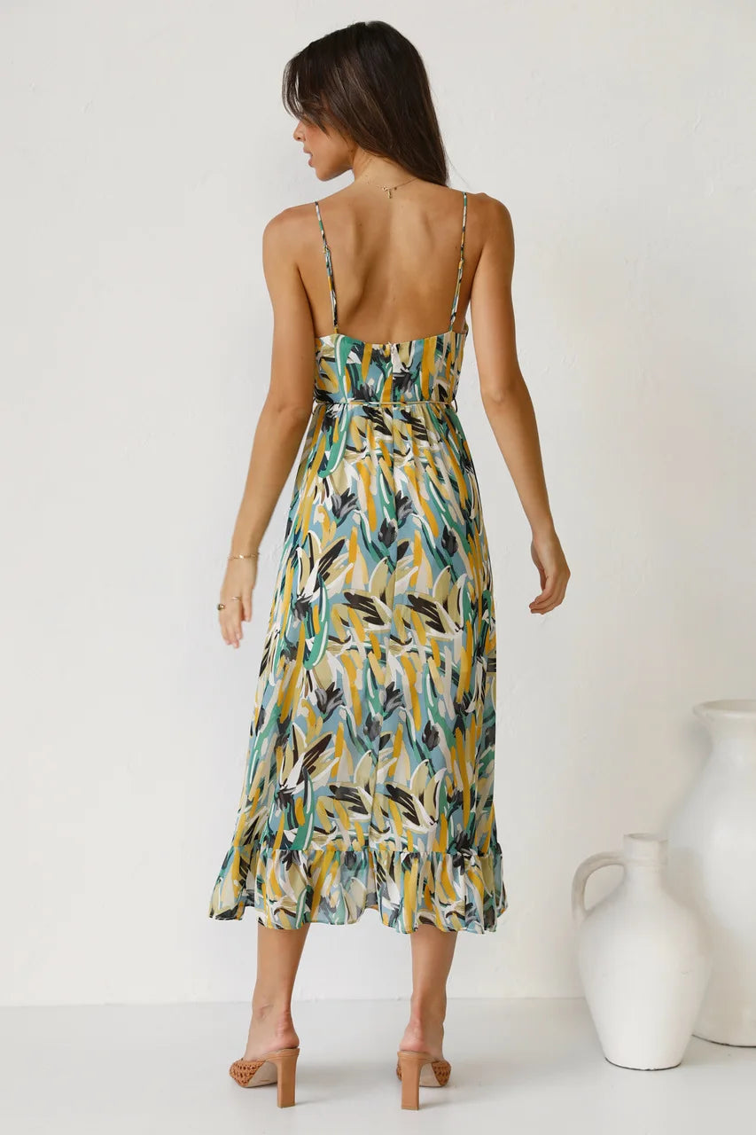 Women's Woven Midi Dress with Tie Waist and Ruffle Hem